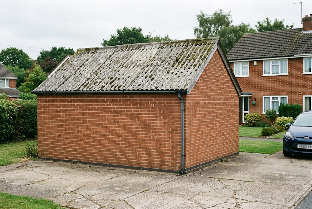 Old outbuilding with a weathered corrugated asbestos cement roof
