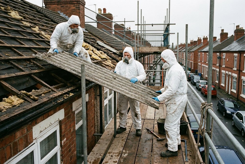 Three operatives in protective suits lifting an asbestos cement roof sheet from a terraced house in Coventry