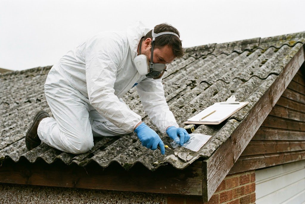 Surveyor in protective kit taking a small sample from a mossy cement roof sheet