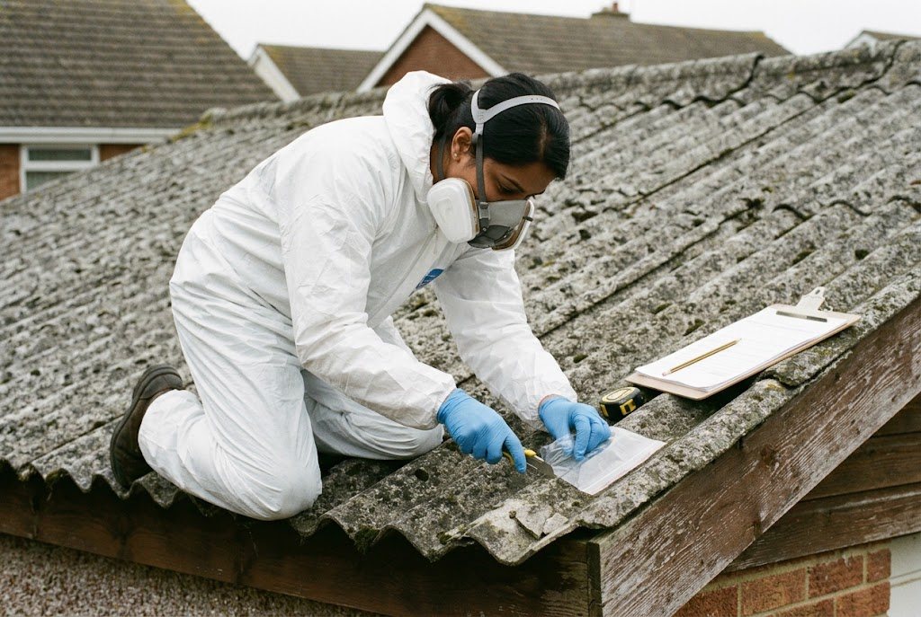 Surveyor sampling a weathered cement roof