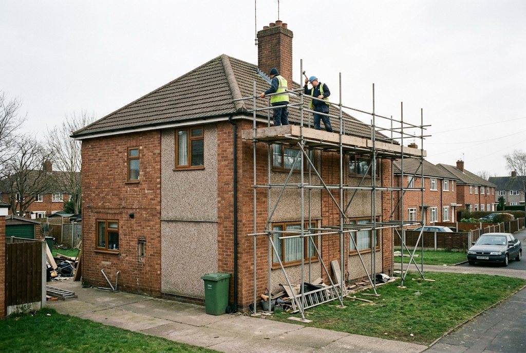 Roofers on a scaffold at a Coventry semi