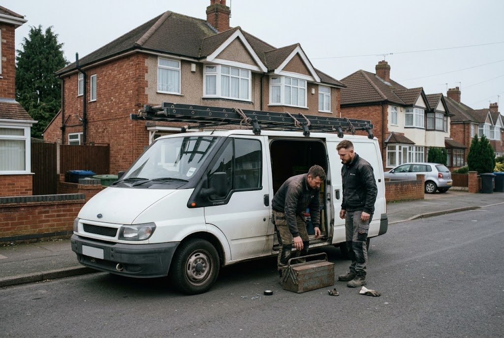 Crew unloading equipment from a van on a residential street