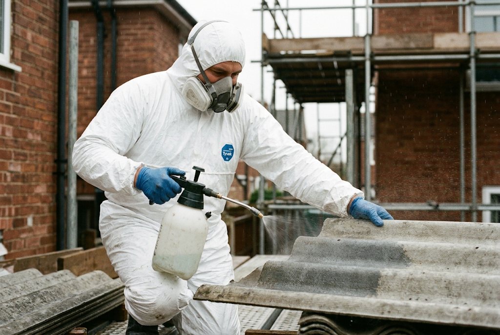 Wetting a cement sheet with a hand sprayer before it is lifted
